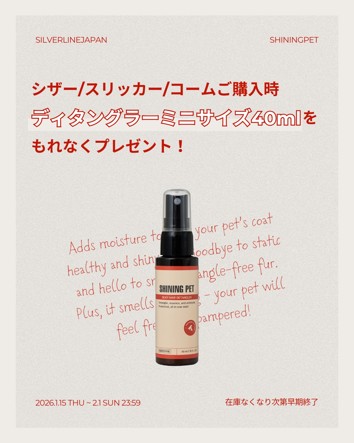 【ディタングラープレゼント🧴】
.
こんにちは、SilverLineJapanです✂︎
.
シャイニングペットの大ヒットアイテム
シルキーヘアディタングラー💛
持ち運びにも便利なミニサイズ（40ml）を
プレゼントいたします🧴🐾
.
✴︎キャンペーン期間✴︎
2026年1月15日（木）発送分 ~ 2月1日（日）23:59ご注文分
※贈呈品の在庫がなくなった場合、
　期間内であっても早期終了となります
※早期終了の際は、こちらの投稿に追記してご案内いたします
.
✴︎キャンペーン詳細✴︎
上記の期間中、
シザー/スリッカー/コームのいずれかを
ご購入いただいたお客様へ
シャイニングペットシルキーヘア
ディタングラーミニ40mlを1点プレゼント🐾
.
✴︎プレゼント商品✴︎
💛シャイニングペットシルキーヘアディタングラー40ml
✔ もつれた毛をやさしくケア
✔ 艶感 + シルキーな仕上がり
✔ 静電気防止
👉 ブラッシングの前後や、
　　パサつきが気になる毛におすすめ！
.
※ 下記の場合は贈呈対象外となります
　・キャンペーン期間前のご注文
　・部品やお手入れ商品のみのご注文
※ 1注文番号につき、1点のみの贈呈となります
※各キャンペーンの条件を満たす場合、
　スリッカープレゼントキャンペーンとの併用が可能です
.
ご家庭でもサロンでも大活躍な
シャイニングペットディタングラーを
ぜひこの機会にお試しください🍀
.
#シルバーライン #silverline #シャイニングペット #shiningpet #トリマー