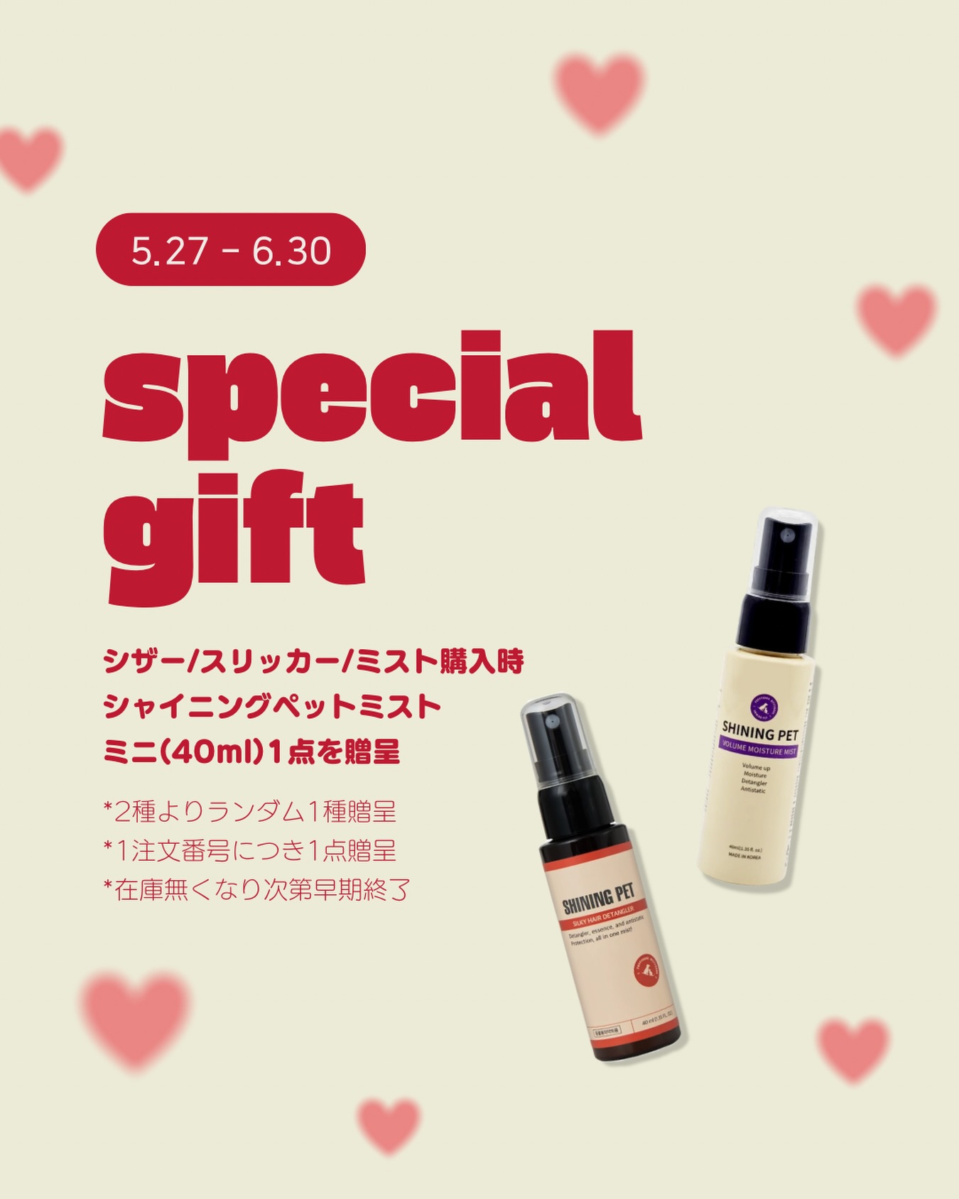 【入荷＆プレゼント🤍】
.
こんにちは、SilverLineJapanです✂︎
本日シザーが入荷いたしました！
.
なお、ディタングラー700mlにつきましては
大好評をいただき一部オプションにて品切れとなっております
予約注文を承っておりますので、
詳しくはミスト商品ページ内リンクより
予約販売ページをご確認ください🔗
(6月中旬までに発送予定)
.
また、入荷にあわせてプレゼント企画を開催！🐾
.
✴︎キャンペーン対象✴︎
2026年5月27日（水） 発送分 ~ 6月30日（火）ご注文分
※贈呈品の在庫がなくなった場合、
　期間内であっても早期終了となります
※早期終了の際は、こちらの投稿に追記してご案内いたします
.
✴︎キャンペーン詳細✴︎
上記の期間中、
シザー/スリッカー/ミストのいずれかを
ご購入いただいたお客様へ
シャイニングペットミスト40mlを1点プレゼント🐾
※今回の企画ではコーム購入は贈呈対象外となります
.
✴︎プレゼント商品(ランダム1種)✴︎
💛シャイニングペットシルキーヘアディタングラー40ml
　：もつれ・静電気のケアに最適
💙シャイニングペットボリュームモイスチャーミスト40ml
　：しっとり仕上がるデイリーボリュームケア
　　※ボリュームは、被毛をふんわりと整えることによる見た目の印象です。
.
※ 下記の場合は贈呈対象外となります
　・キャンペーン期間外のご注文
　・部品やお手入れ商品のみのご注文
※ 1注文番号につき、1点のみの贈呈となります
.
#シルバーライン #silverline #シャイニングペット #shiningpet #トリマー